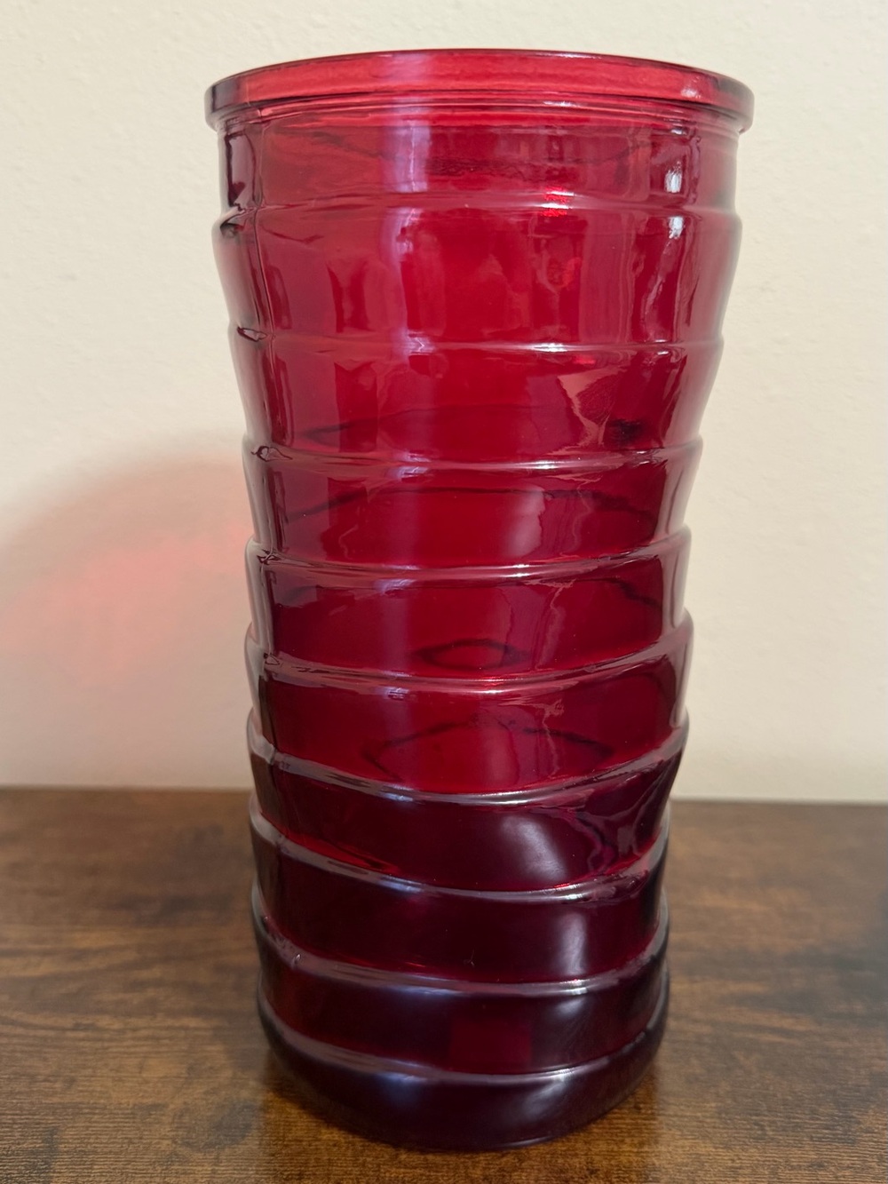 Red Hoosier Glass Vase- Swirl Texture- 8.5” Tall